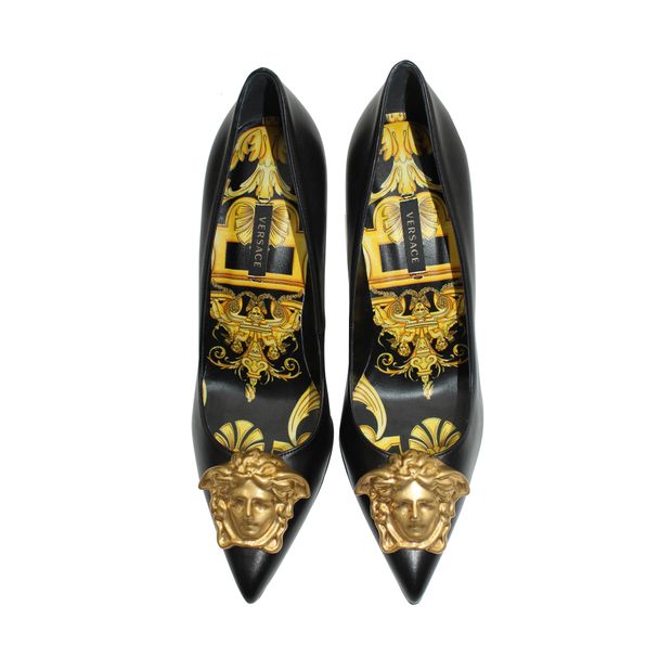 Versace Medusa Head Pointed-Toe Pumps in Black Leather