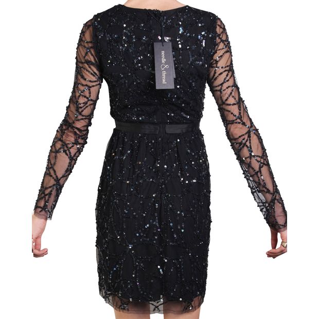 NEEDLE & THREAD Long Black Diamond Sequin Dress