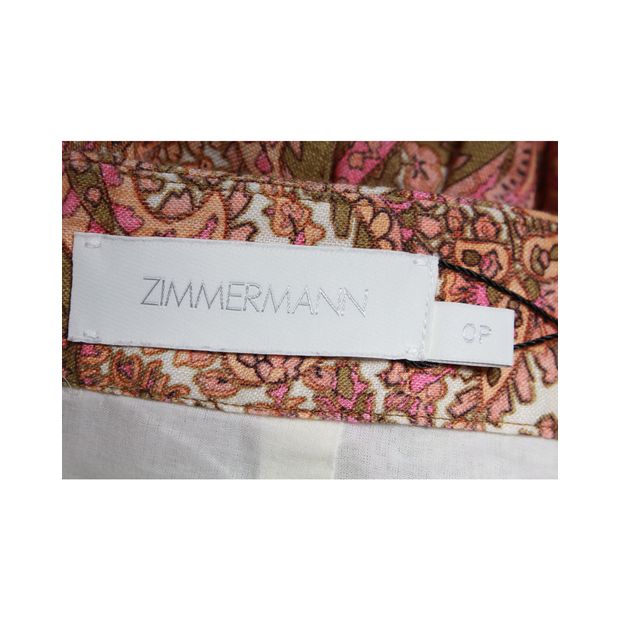 Zimmermann Brighton Frill Hem Midi Skirt in Beige Print Linen
