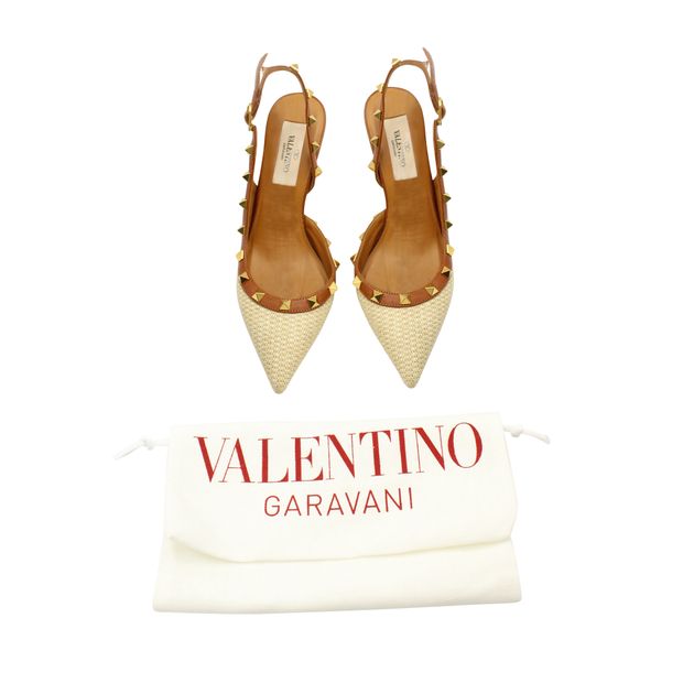 Valentino Garavani Rockstud Leather Trimmed Slingback Heels in Beige Raffia