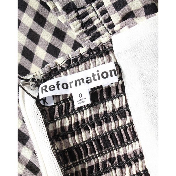 Reformation Puff Sleeve Gingham Midi Dress in Black Print Viscose
