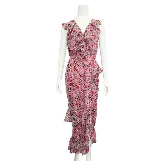 Saloni Pink Floral Silk Maxi Dress With Frill Neckline