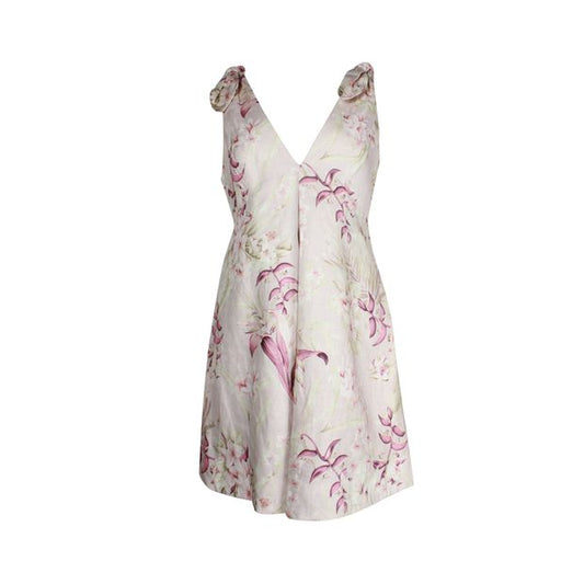 Zimmermann Floral Print Linen Dress With Ties On Shoulders