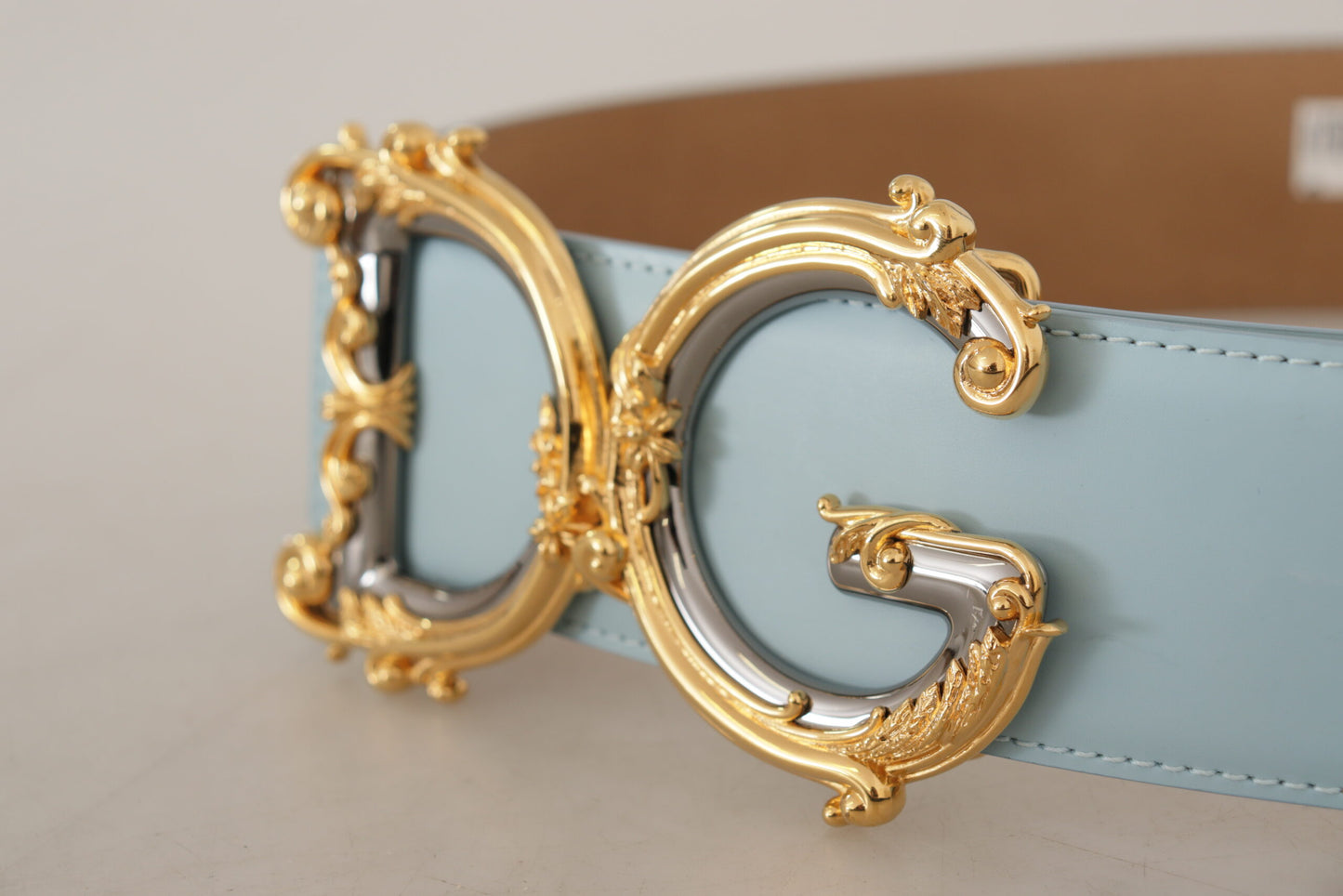 Dolce & Gabbana Women's Blue Leather Wide Waist DG Logo Baroque Gold Buckle Belt