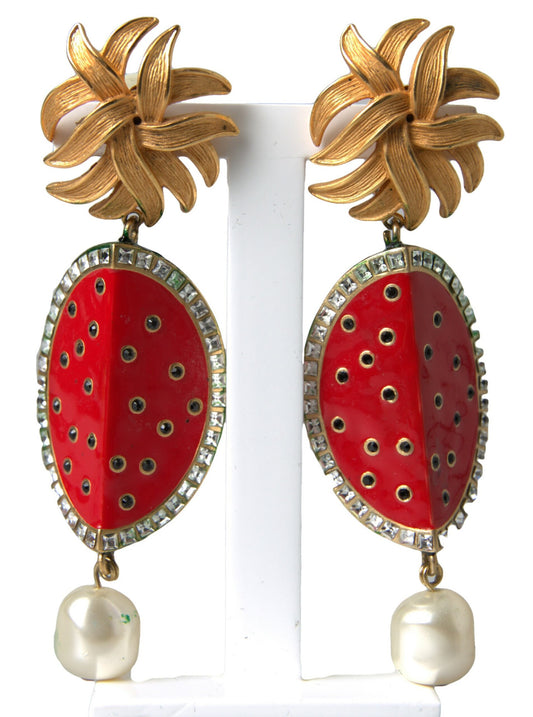 Dolce & Gabbana Women's Red Watermelon Gold Brass Crystal Clip Dangling Earrings