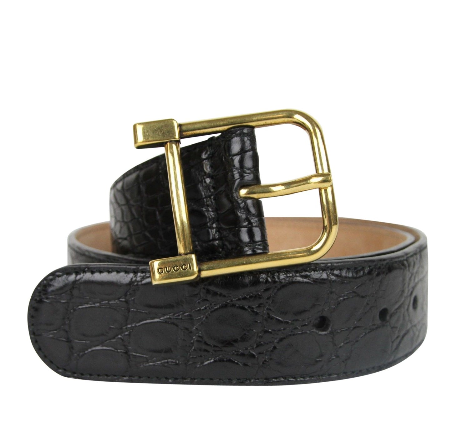 Gucci Women's Gucci 's Gold Square Buckle Black Crocodile Belt