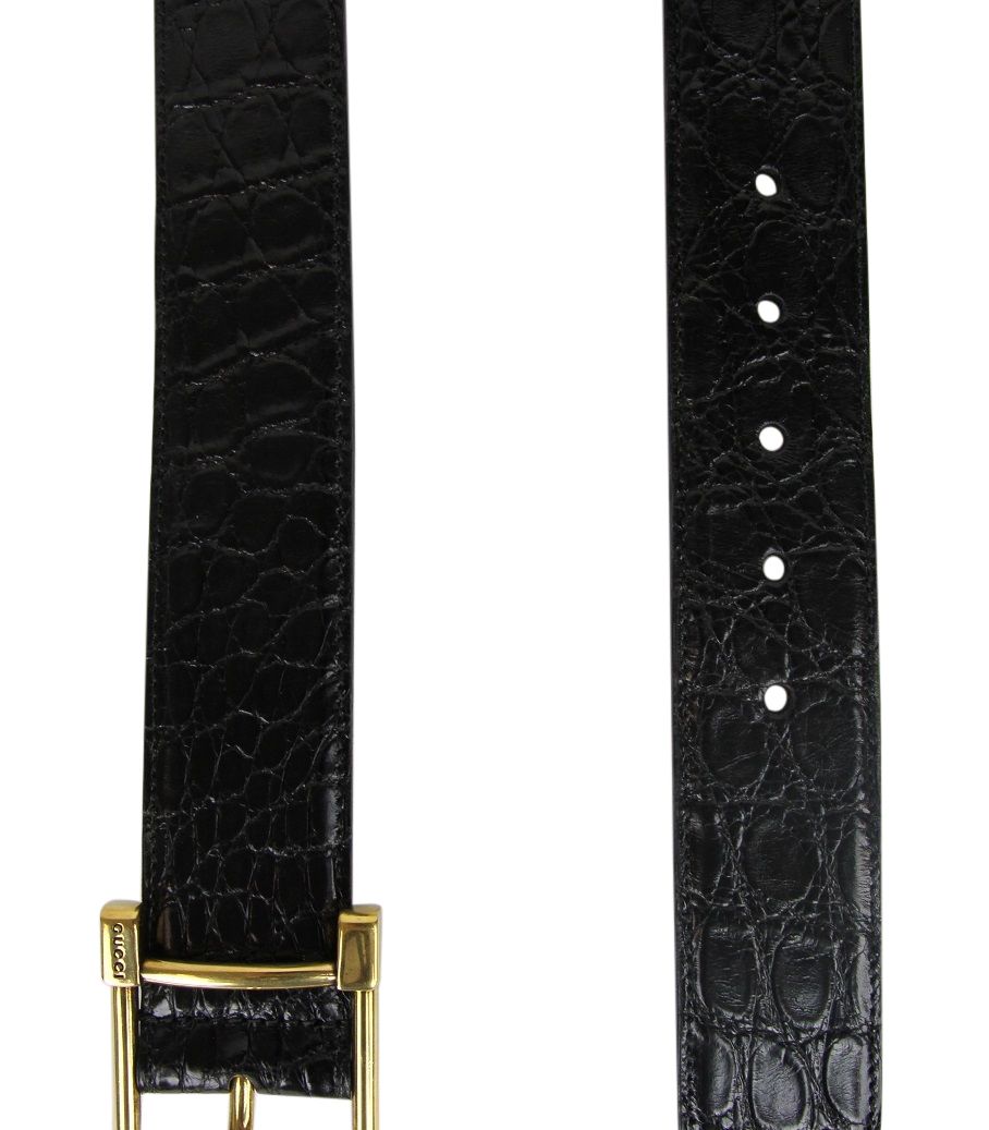 Gucci Women's Gucci 's Gold Square Buckle Black Crocodile Belt