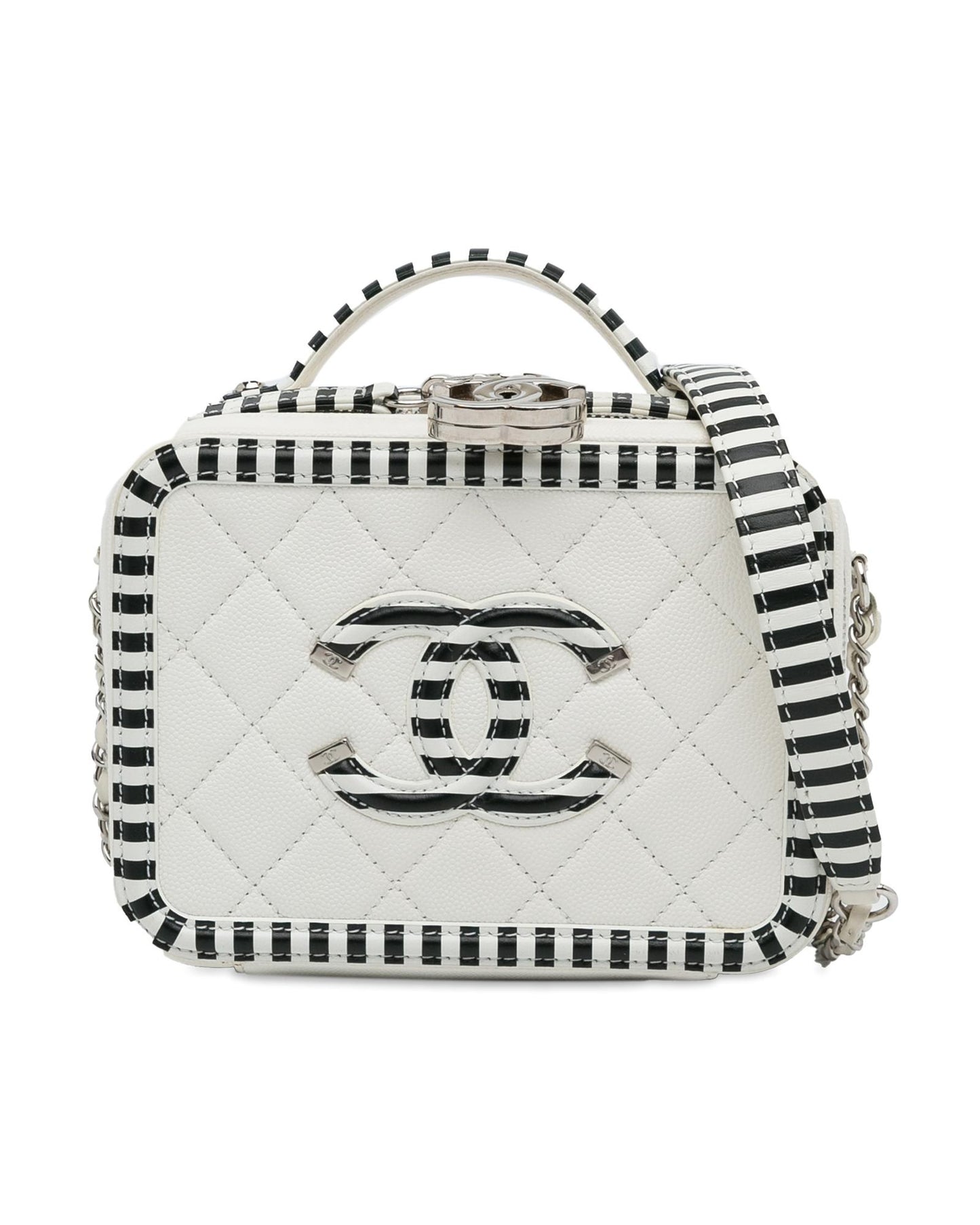 Chanel Women's Quilted Leather Vanity Bag with Woven Chain Strap in White
