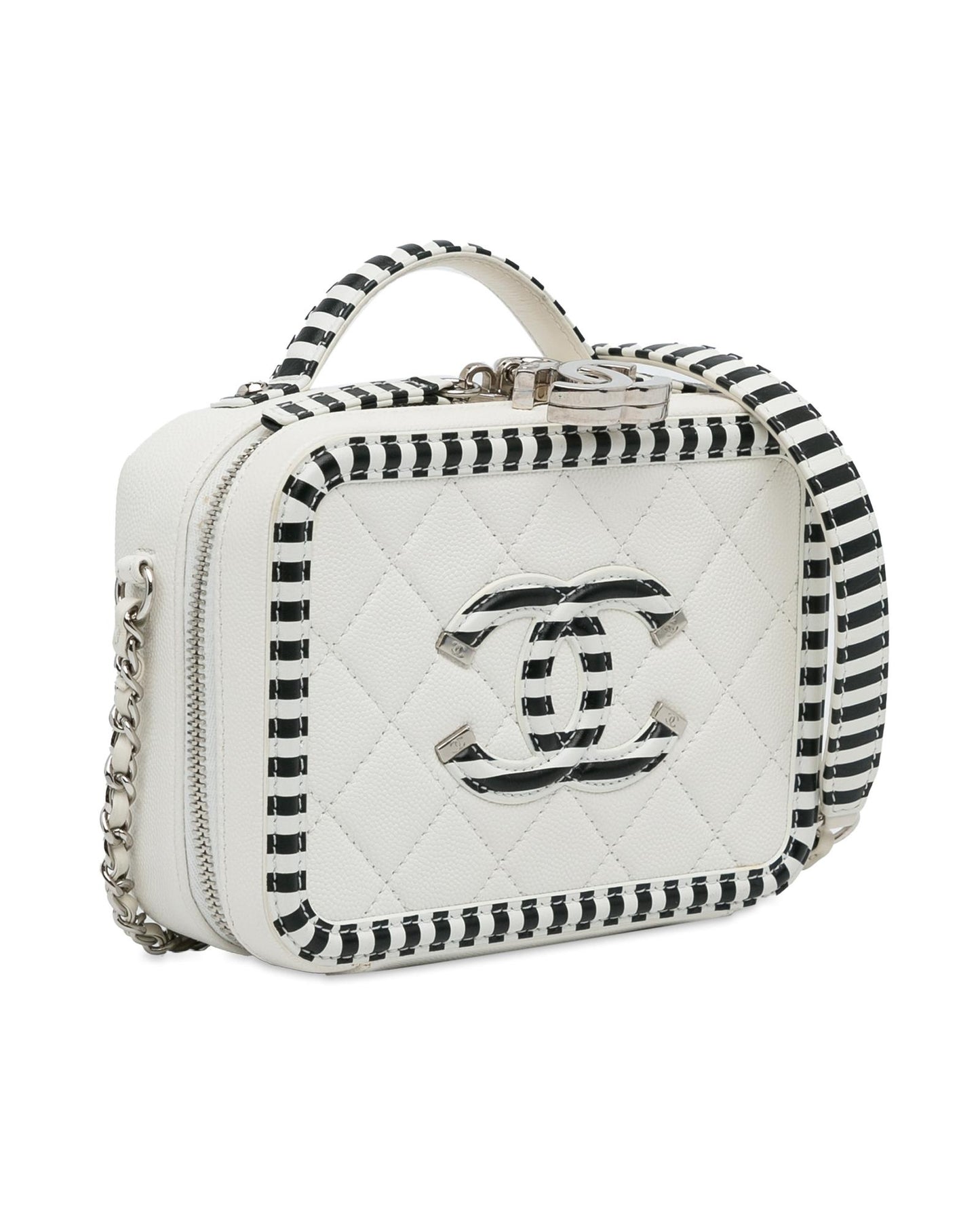 Chanel Women's Quilted Leather Vanity Bag with Woven Chain Strap in White