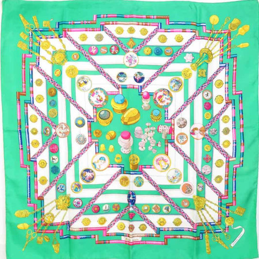 Hermes Women's Green Silk Square Scarf with Vibrant Multi-Color Hues in Green
