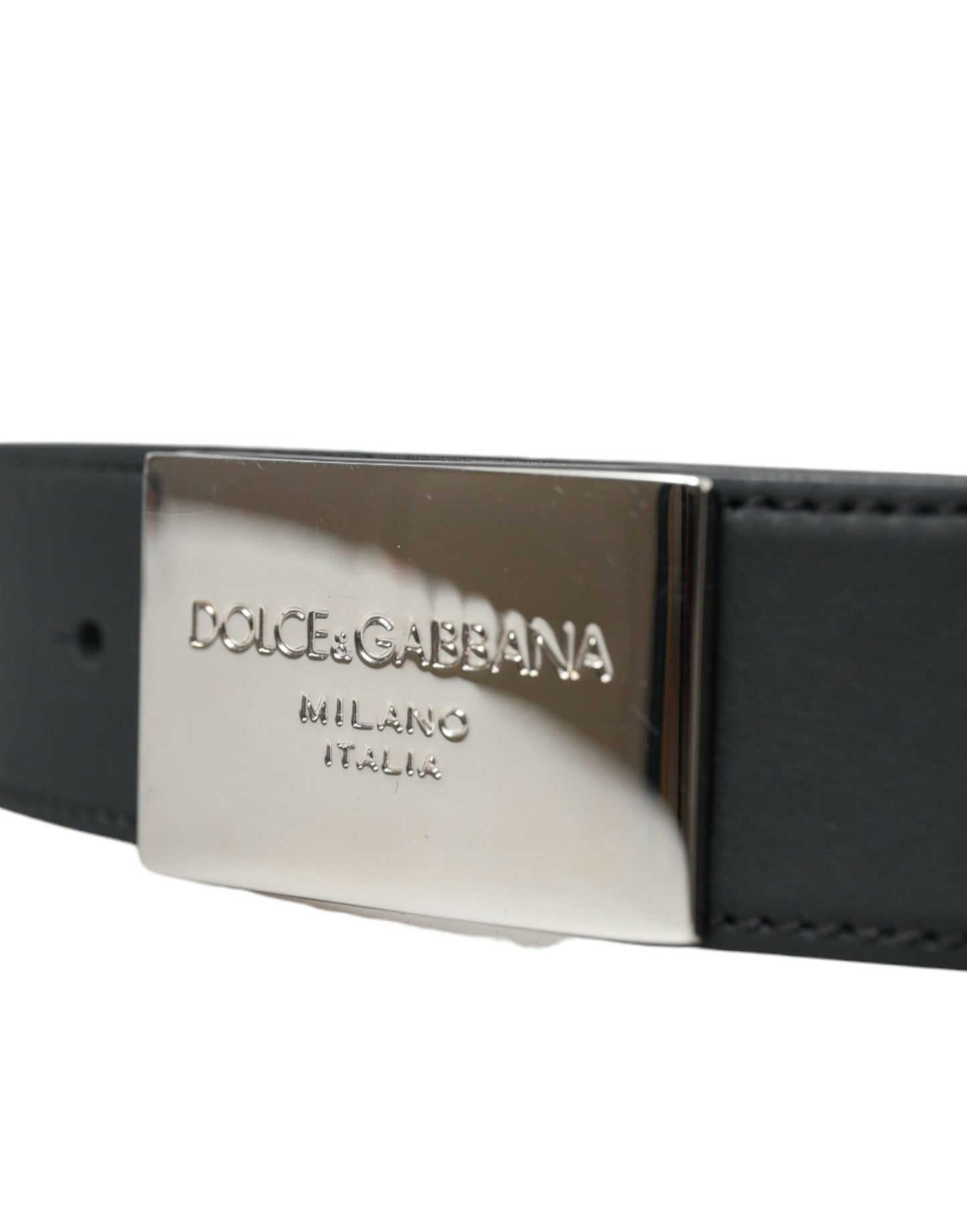 Dolce & Gabbana Men's Black Leather Silver Square Metal Buckle Belt