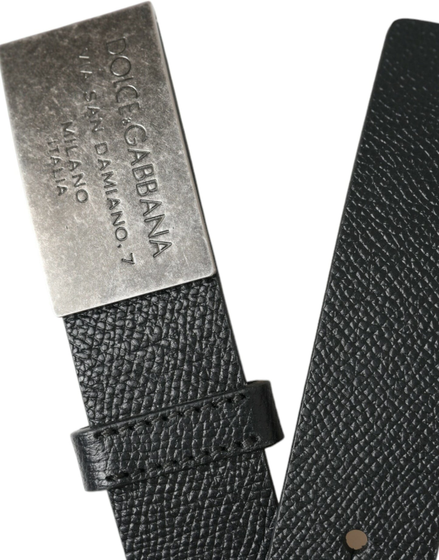 Dolce & Gabbana Men's Black Leather Silver Rectangle Buckle Belt