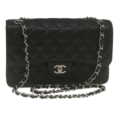 Chanel Caviar Skin Chain Double Flap Big Matelasse Shoulderbag Black Auth 29507a