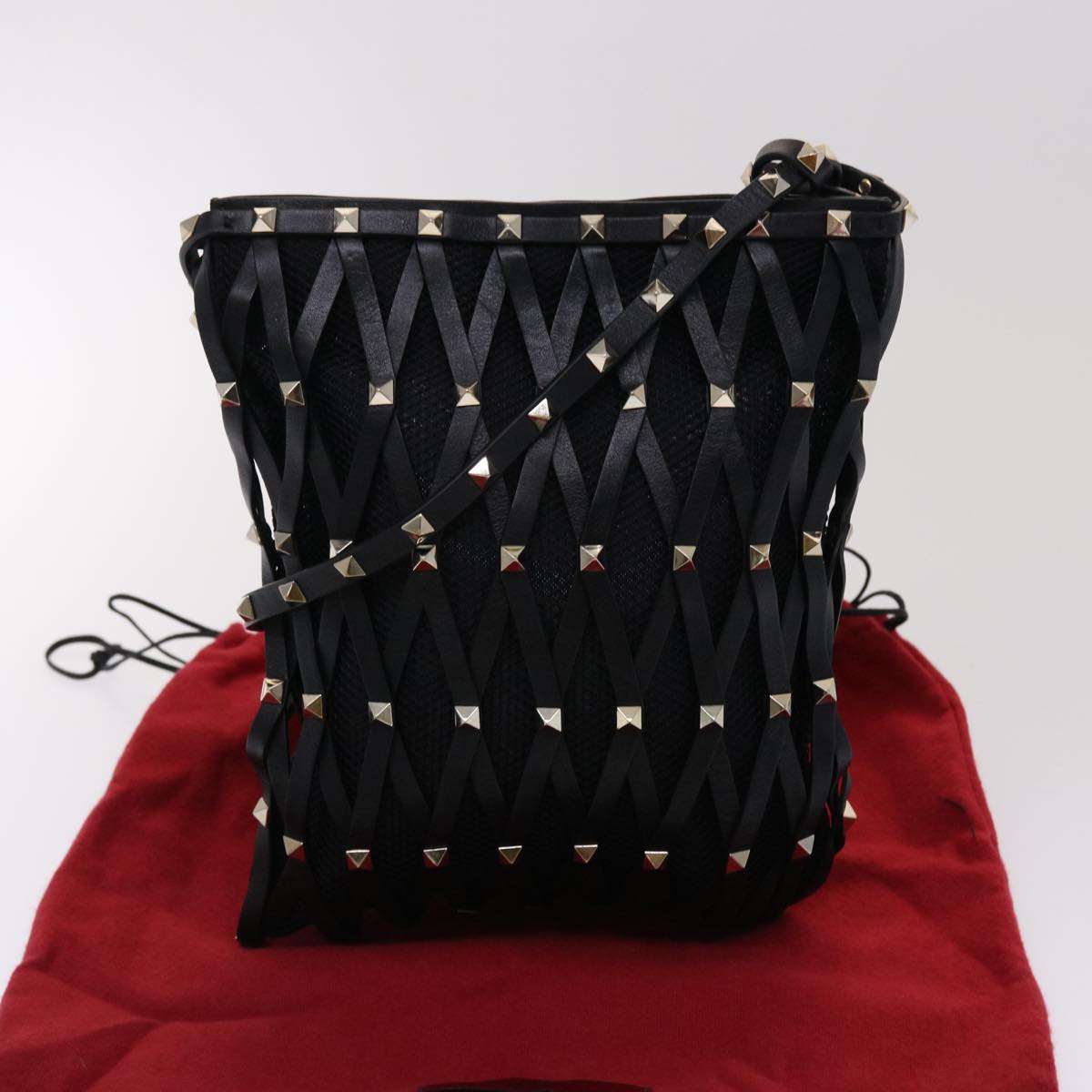 Valentino Studs Shoulder Bag Leather Black Auth 47065