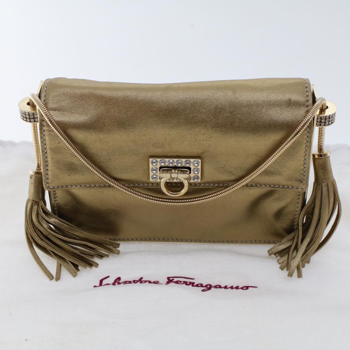 Salvatore Ferragamo Gancini Accessory Pouch Leather Gold Auth 49115