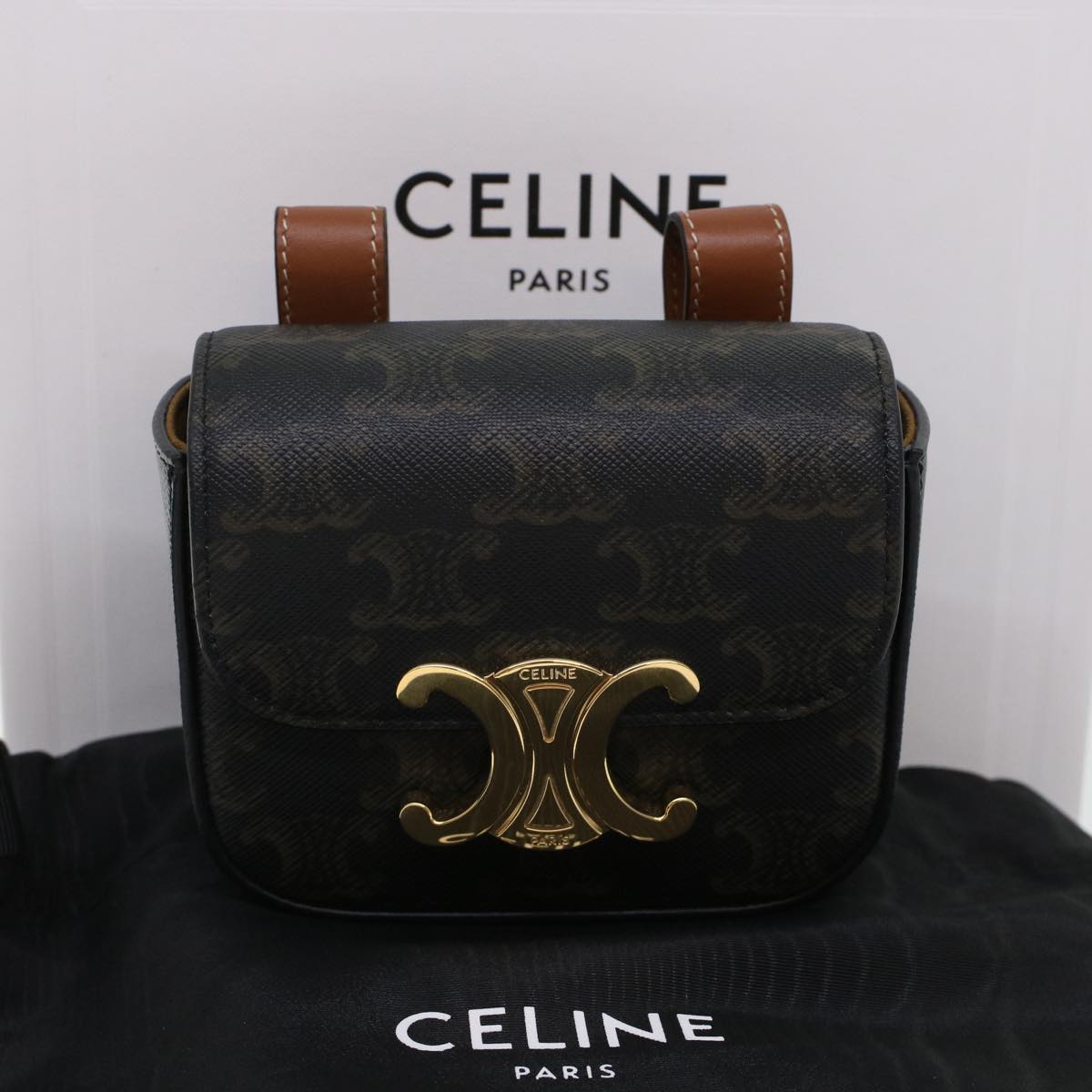 Celine Mini Triomphe Belt Bag Pouch Triomphe Black Auth 49435a