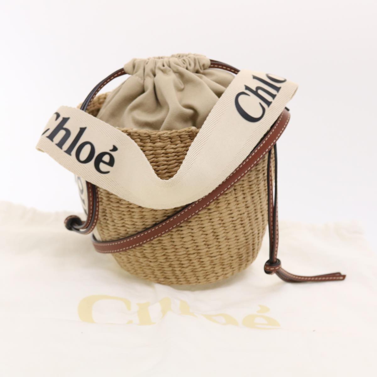Chloe Small Woody Shoulder Bag Straw Beige 03-21-68-65 Auth 49911