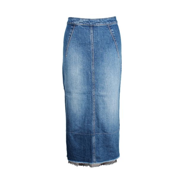 N°21 x 7 For All Mankind Chiffon-Trimmed Midi Pencil Skirt in Blue Denim