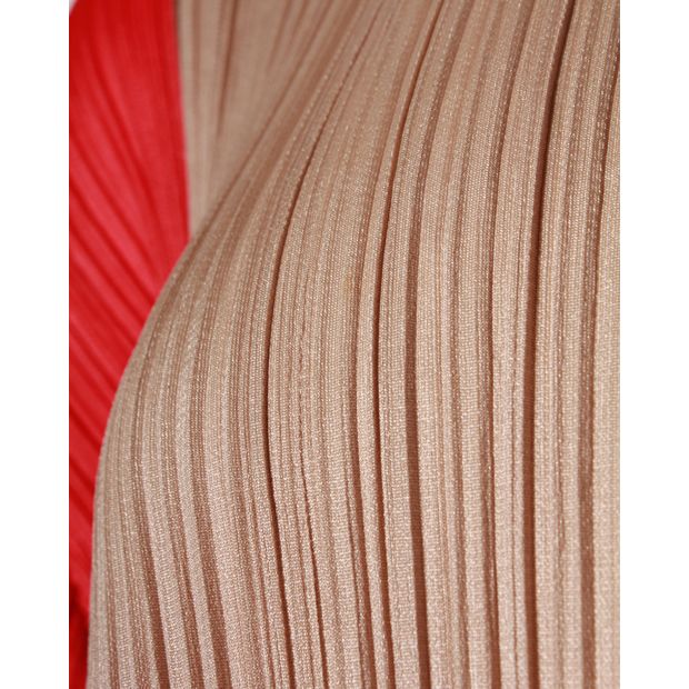 Beige and Red Long Sleeved Pleated Dress