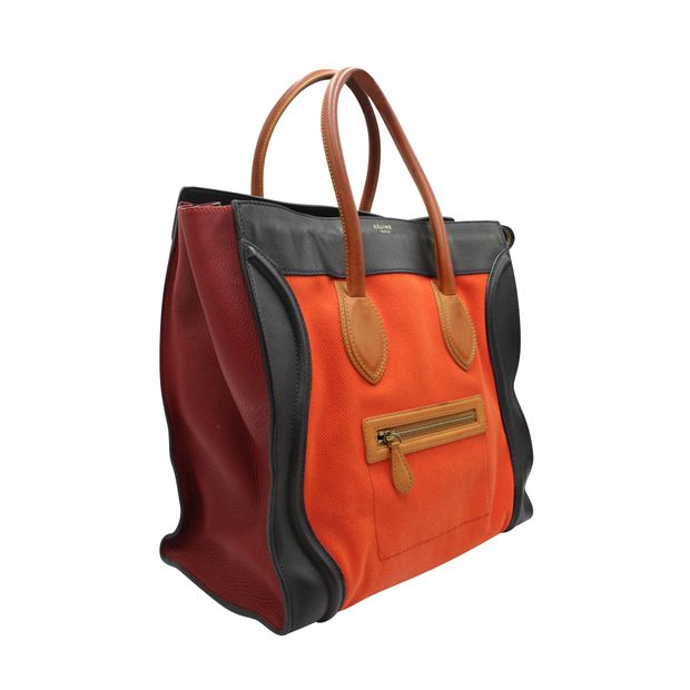 Celine Tricolor Micro Luggage Tote Bag in Red Orange Black Canvas and Leather