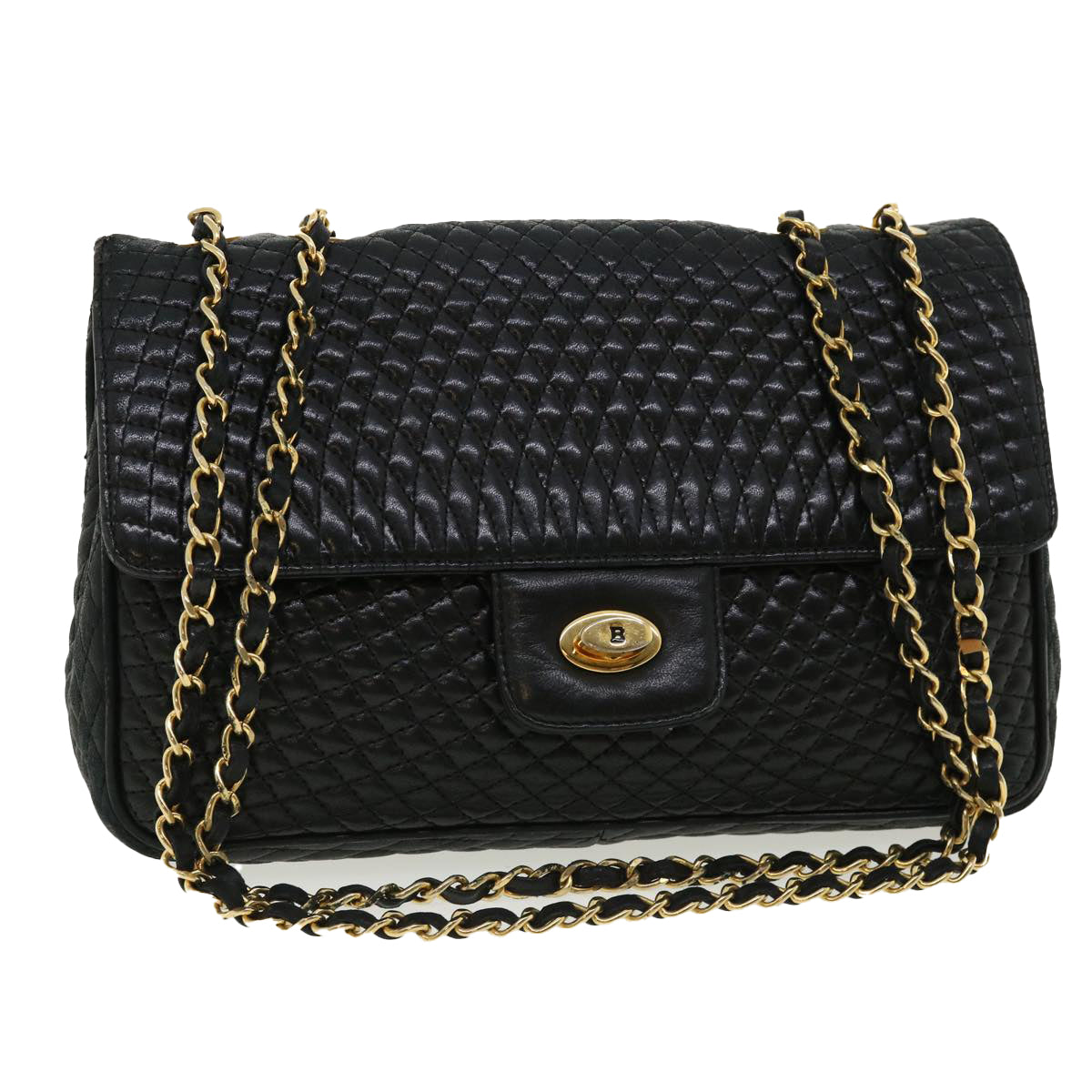 Bally Chain Shoulder Bag Leather Black Auth Am3668