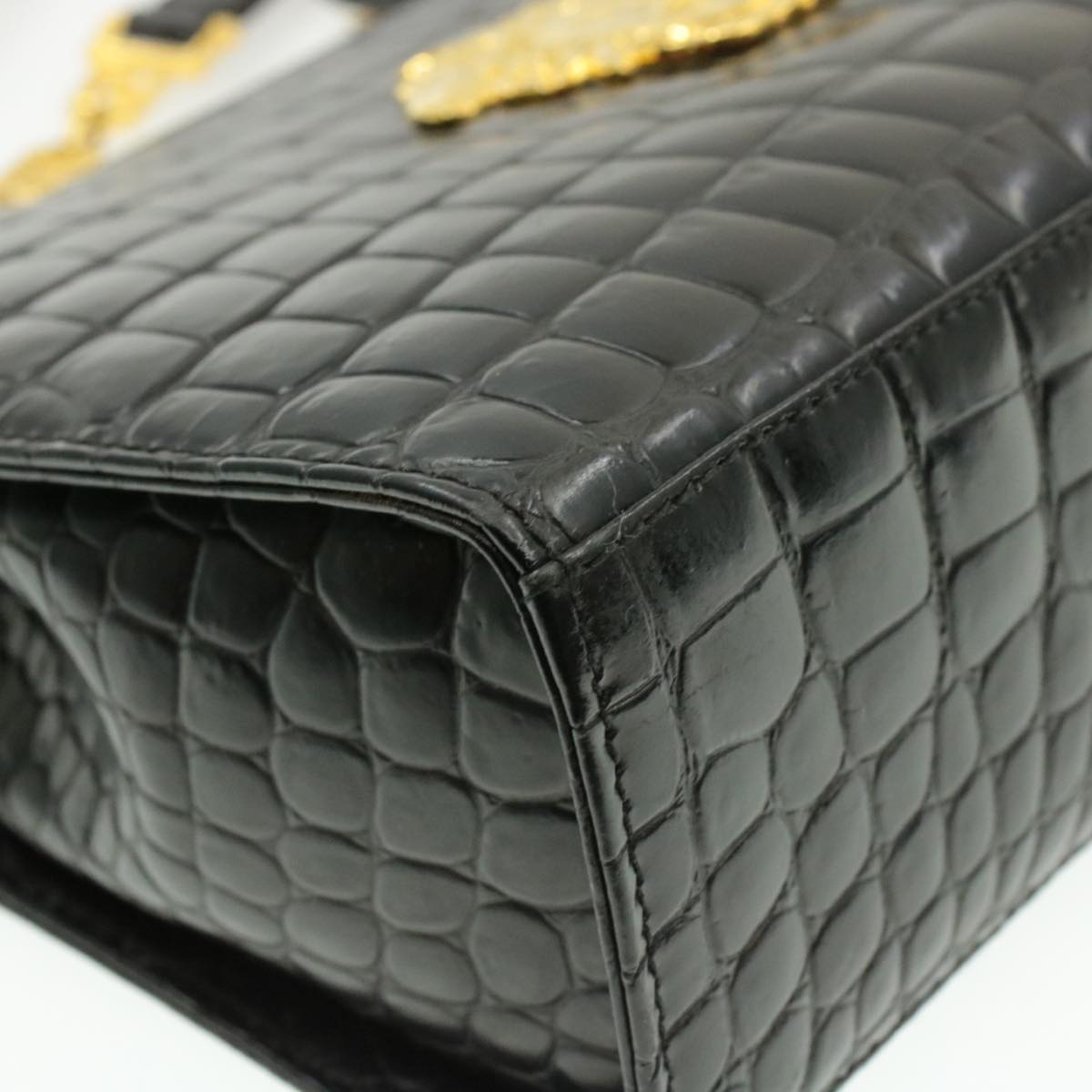 Gianni Versace Chain Shoulder Bag Leather Black Auth Am053b