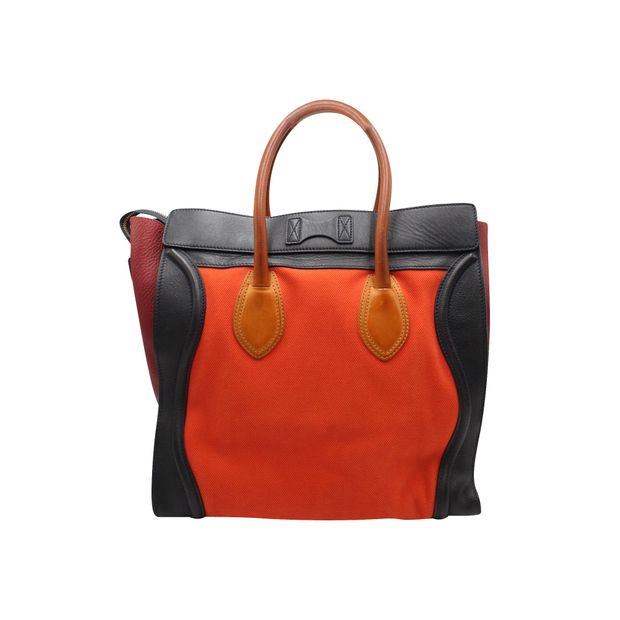 Celine Tricolor Micro Luggage Tote Bag in Red Orange Black Canvas and Leather