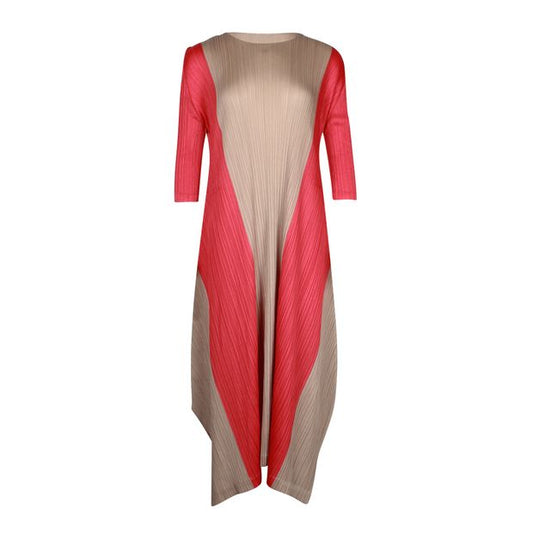 Beige and Red Long Sleeved Pleated Dress