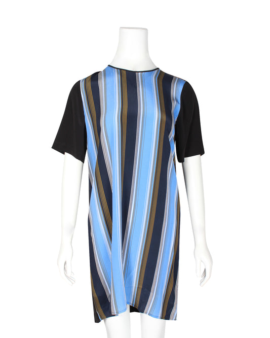 Blue, Black & Gold Striped Silk Slip-On Dress