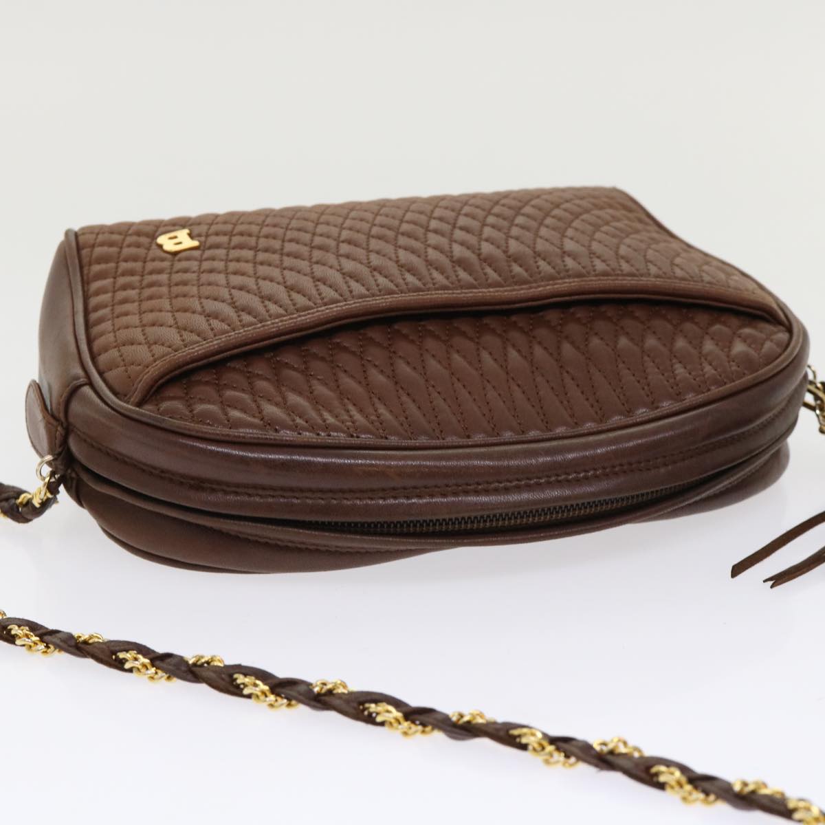 Bally Quilted Chain Shoulder Bag Leather Brown Auth Ep1276