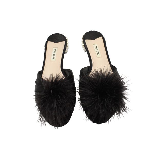 Black Satin with Ostrich Feather Crystal Sandals