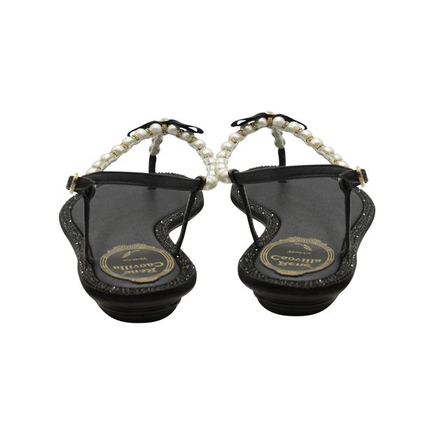 Rene Caovilla Pearly & Crystal Thong Sandals in Black Leather