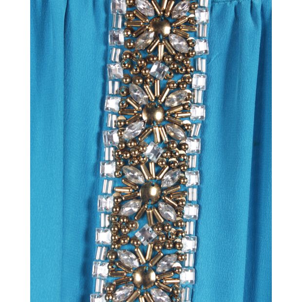 CONTEMPORARY DESIGNER Turquoise Long Sleeves Dress with Embellishment