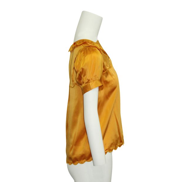 Contemporary Designer Orange Silk Top With Scalloped Collar & Hem