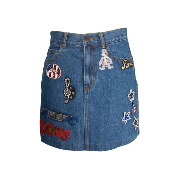 Marc Jacobs Denim Mini Skirt - Hand Sewn Sequin, Pearl & Crystal Embroidered Badges