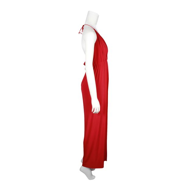 Contemporary Designer Misa Burgundy Long Halter Neck Dress