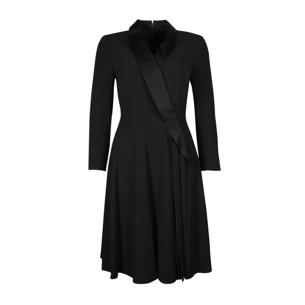 Contemporary Designer Black Dress With Satin Lapels