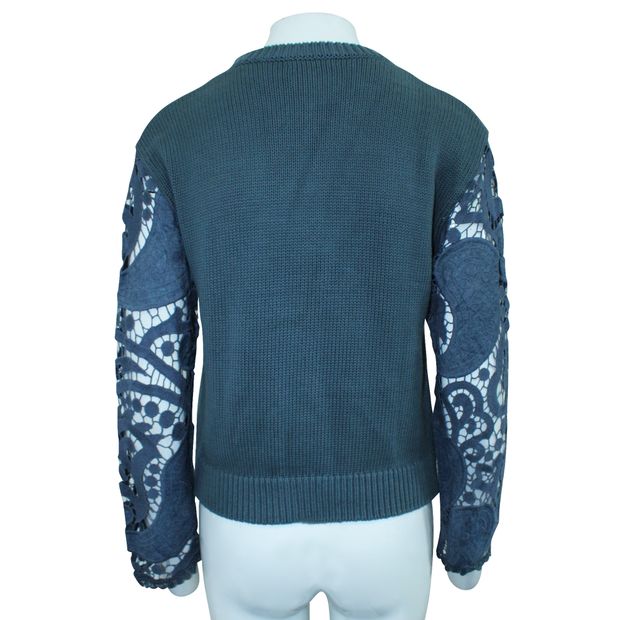 CONTEMPORARY DESIGNER Sea Blue Knitted Sweater with Embroidered Sleeves