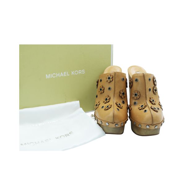 Michael Kors Brown Wooden Mules With Floral Embellishments