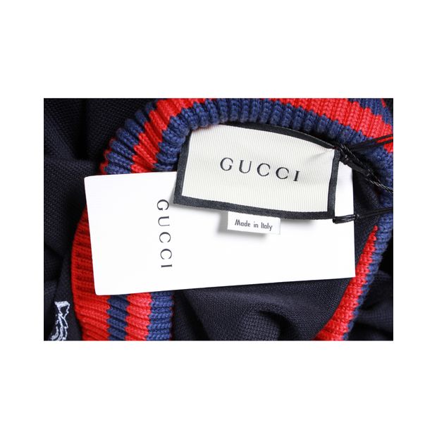 Gucci Navy Blue Polo Shirt With Red Knit Collar