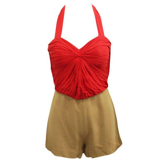 VATANIKA Red and Brown Romper with Pleated Front