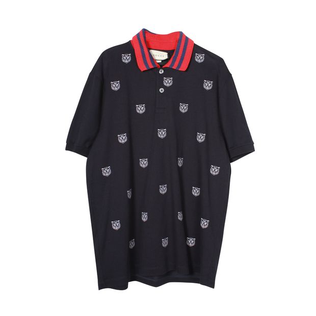 Gucci Navy Blue Polo Shirt With Red Knit Collar