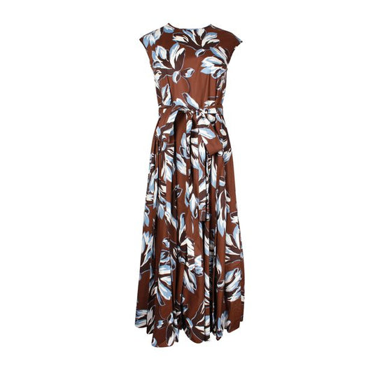 Brown & Blue Floral Pleated Maxi Dress