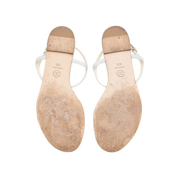 Chanel Leather Camellia Cc Flat Sandals