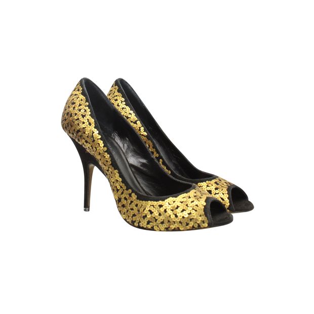 Donna Karan Black Peep-Toe Heels With Golden Sequins