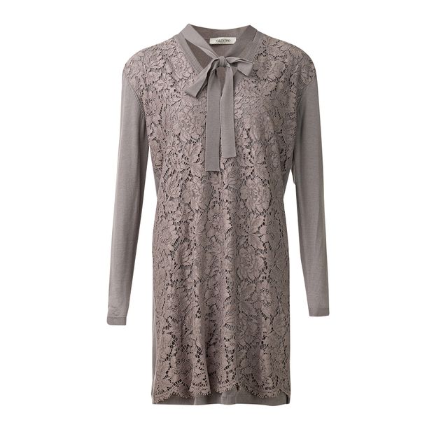 Valentino Grey Pussy Bow Lace Sweater Dres