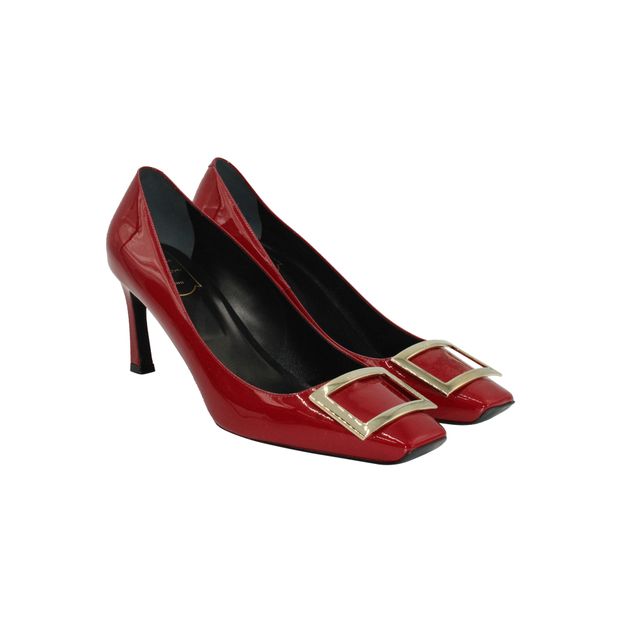 Roger Vivier Trompette 70 Metal Buckle Pumps in Red Patent Leather