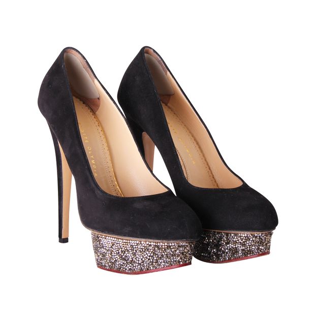 CHARLOTTE OLYMPIA Black Suede Sequins Pumps