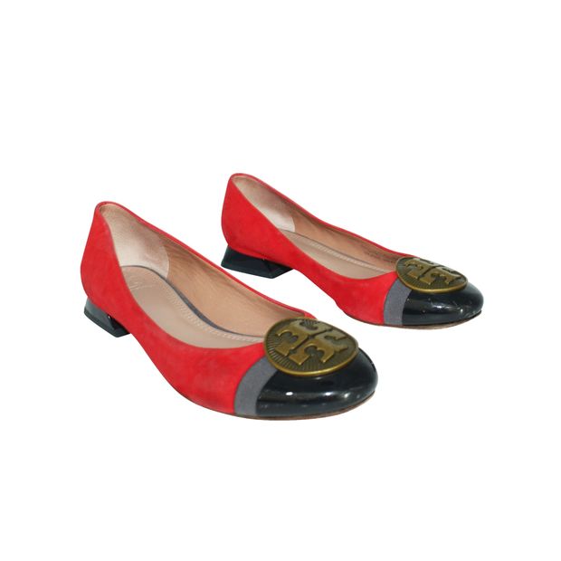 TORY BURCH Red Suede Low Heels with Brass Logo