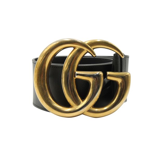 Gucci Black Leather Belt With Large Antique Brass Gg Buckle